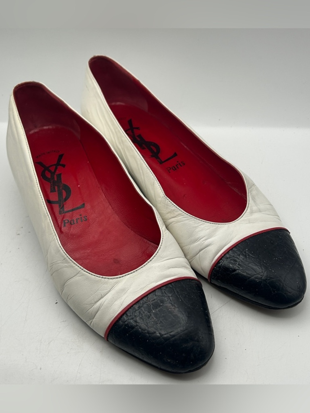 YSL Cap Toe Pumps Leather Vintage Shoes Womans 10 Black White Old Money - Picture 6 of 15